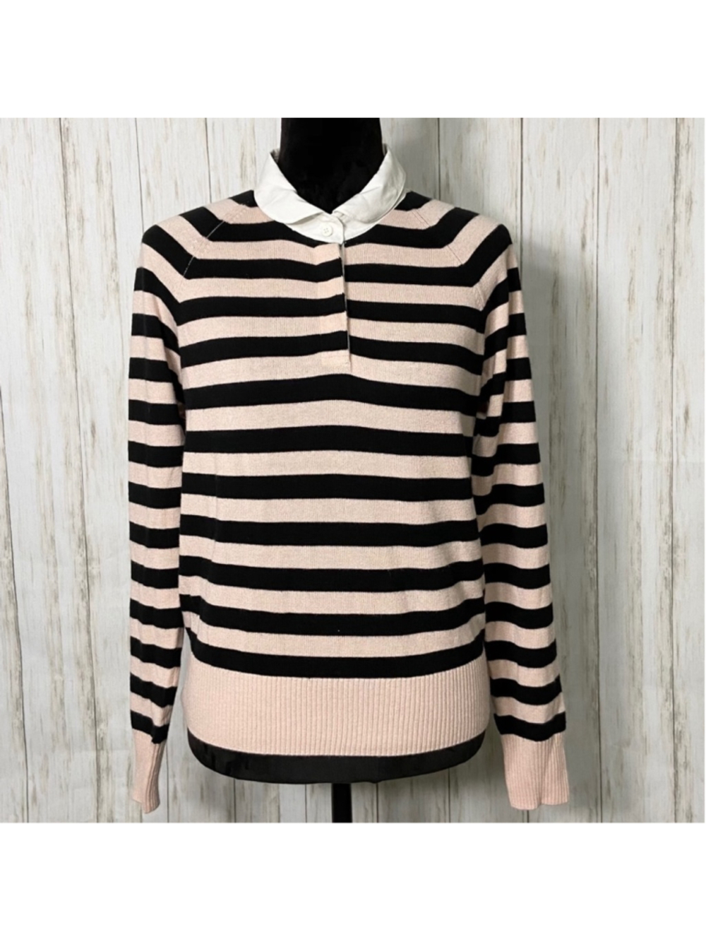 Joie Gabbe stripped polo sweater pink black stripe size small